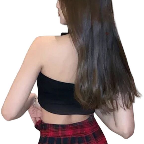 Black Cut Out Silver Buckle Collar Halter Crop Top NEW - Picture 4 of 4